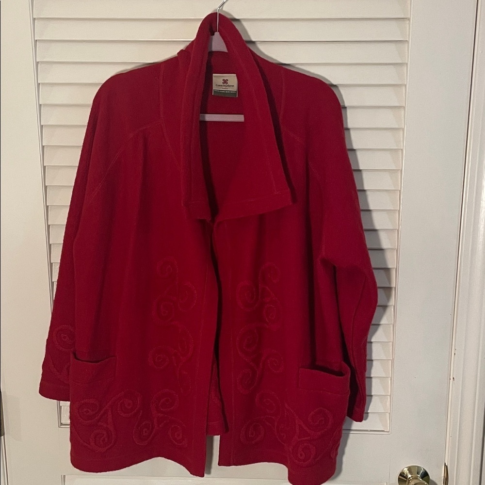 Carriag Donn Ireland Deep Red Scrolled Embroidered Design Open Generous Cardigan
